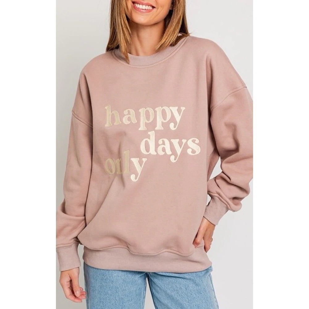 Le Lis Happy Days Only Embroidered Fleece Sweatshirt NWT S Oversized Cocoa Brown
